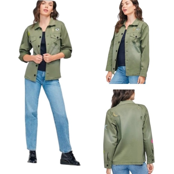 Wildfox Truman Jacket Olive Green Military light distressing embroidery size XL - Picture 1 of 11